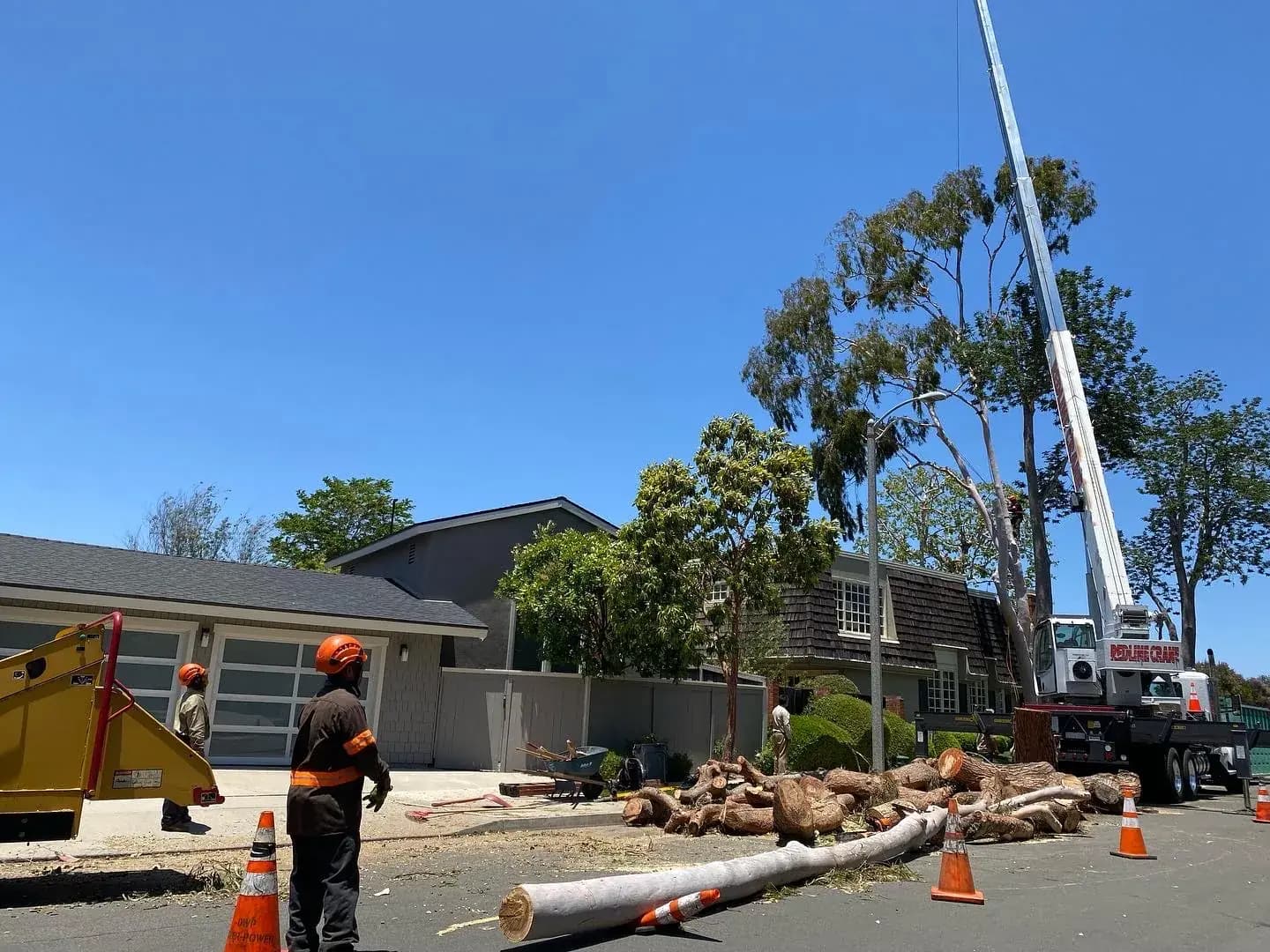 A crew member cutting sectioned trunk logs on a driveway with traffic cones out and a crane boom reaching overhead